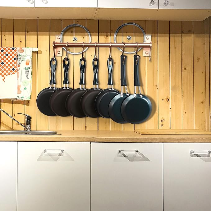 Dseap Kitchen Utensil Holder Hanger, Pot and Pan Rack Wall Mounted, Kitchen Rail with 8 Hooks for Hanging Cooking Utensils, Mugs, Spoons, Wall Mounted, Rose Gold-NeatNest