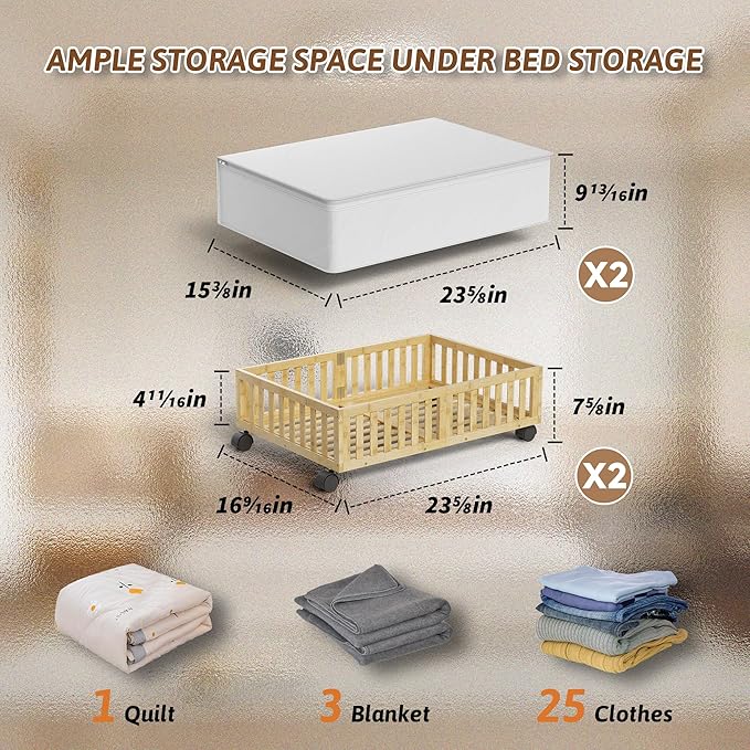 Bamboo Under Bed Storage Containers with Wheels, 2 Pack Under the Bed Shoe Storage Bins, Wood Rolling Underbed Drawers with Bag Organizer for Bedroom, Sheets Clothes Blanket Comforter, Under Crib Toy-NeatNest