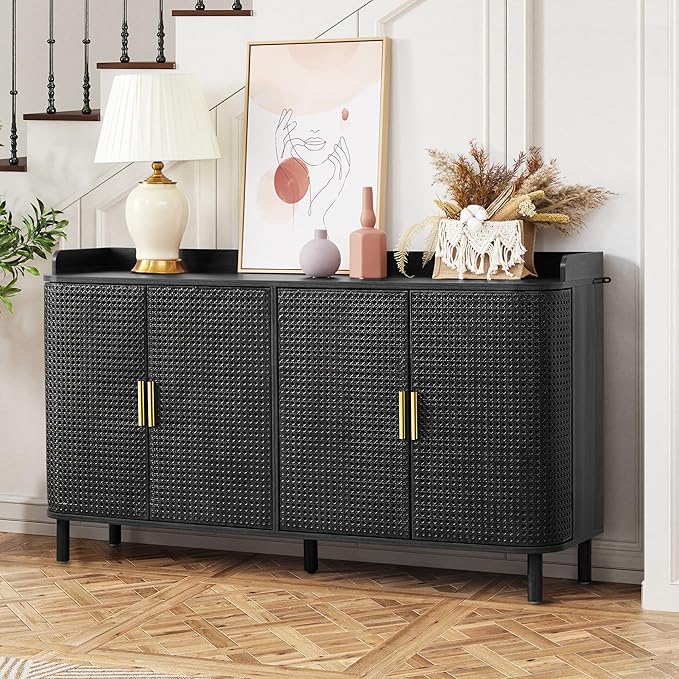 ORRD 4 Doors Storage Cabinet, 2 Tier Wooden Storage Organizer Cabinet with Adjustable Shelf, Sideboard Buffet Cabinets with Iron Curved Doors Accent Shoe Rack for Entryway Hallway Living Room (Black)-NeatNest