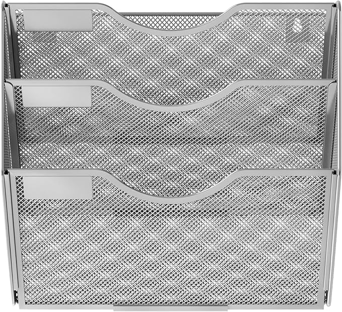 EasyPAG 3 Pocket Wall File Organizer, Silver | Metal Mesh Wall Mounted File Holder | Assembly Hanging Mail Organizer | Replaceable Classify Labels | Office Home Letter Size Paper Storage