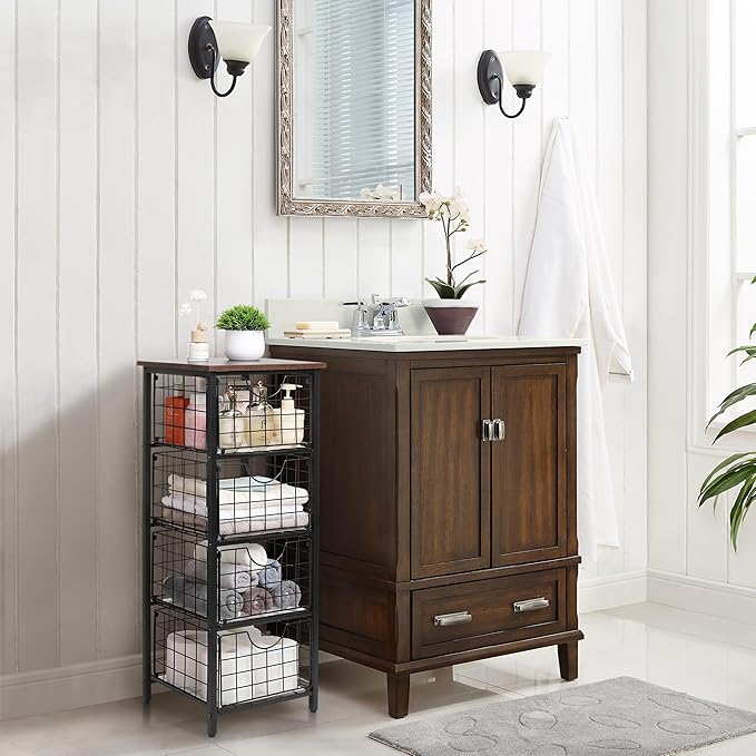 5-Tier FreeStanding Storage Shelves with 4 Pull-Out Baskets,Bathroom Organizer Shelves Unit with WoodTop,Fruit Basket for Kitchen,Storage Tower Organizer Basket Cart for Bathroom,Black