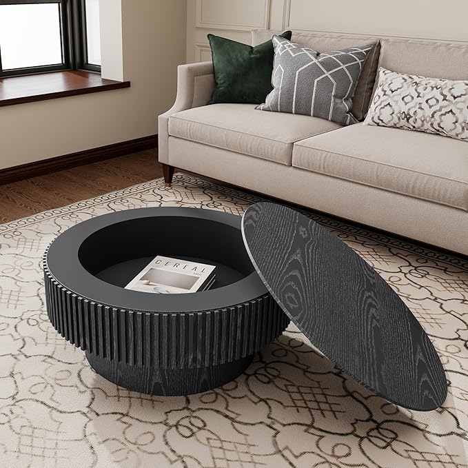 kevinplus 31.5'' Round Coffee Table with Storage Space, Modern Wood Circle Fluted Drum Pedestal Coffee Table for Living Room, Easy Assembly, Black (ΓΈ31.49'' x 14'')