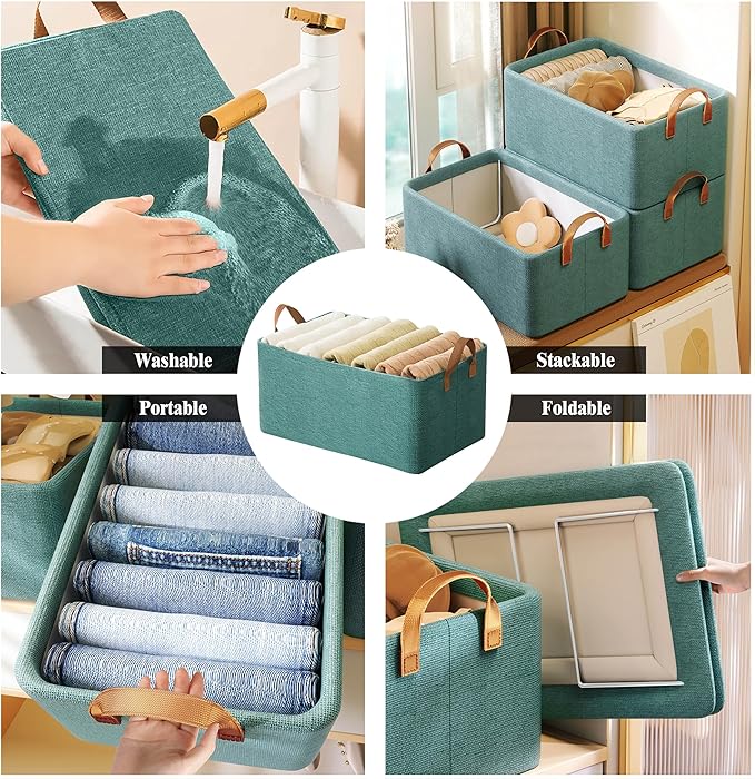 AARAINBOW 4 Pcs Closet Clothes Organizer with Handle, Fabric storage Box with Steel Frame Stackable Shelf Storage Baskets Foldable Storage Baskets for Organizing clothes Toys, 23L (4 Green)-NeatNest