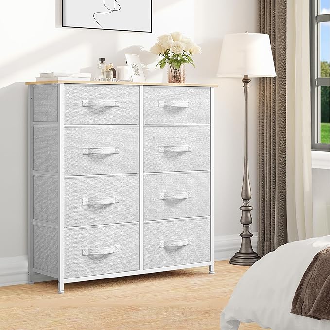 DWVO Fabric Dresser for Bedroom, Tall Dresser with 8 Drawers, Storage Tower with Fabric Bins, Chest of Drawers for Closet & Living Room - Sturdy Steel Frame, Wooden Top-NeatNest