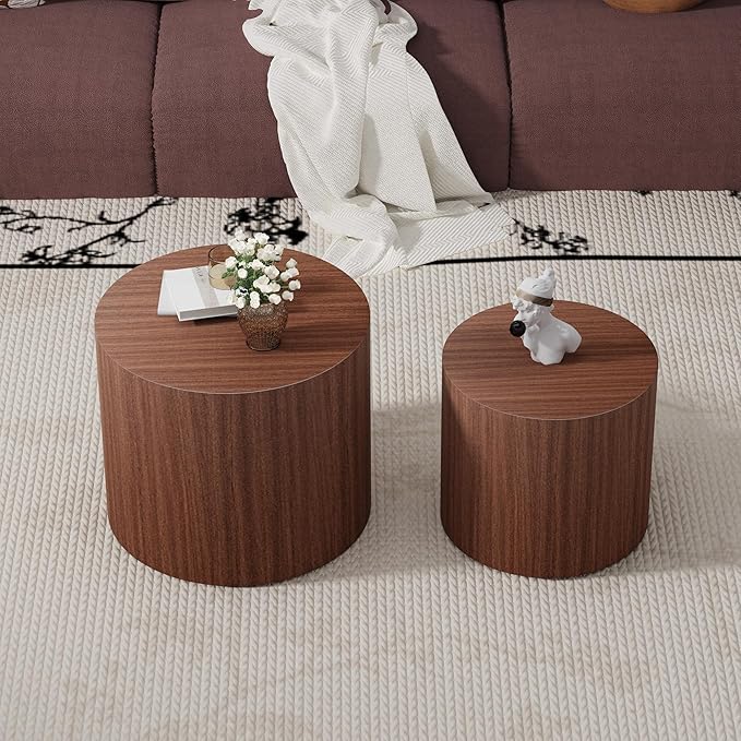 Round Nesting Coffee Table Set of 2 Modern Wood Coffee Tables Handcraft Drum Coffees Table Farmhouse Round Sofa Side Tables End Table for Living Room Small Spaces (Dark Wood)