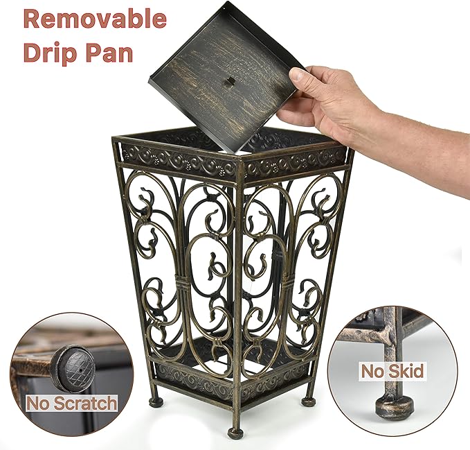Dualplex Super Quality Umbrella Stand, Umbrella Holder Antique Look Metal Entry Hallway Décor, Square Style Removable Drip Tray. Home, Office Decoration Rack Holds Umbrellas Canes Walking Sticks