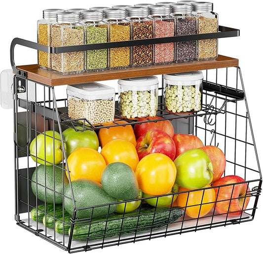 Delamu Magnetic Shelf for Fridge with Wood Lid, 3 Tier Pull Out Fruit Potato and Onion Storage Bins, Magnetic Spice Rack Organizer for Refrigerator, Cabinet, Kitchen Counter, Laundry (1 Pack)-NeatNest