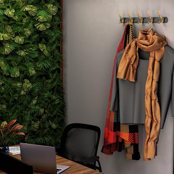 Black and Gold Coat Rack Wall Mounted - 16 Inch Heavy Duty Stainless Steel Matte Finish Wall Hook Rack - 5 Double Coat Hooks for Hanging Towels, Bags, Hat - Bathroom Entryway - 2 Pack-NeatNest