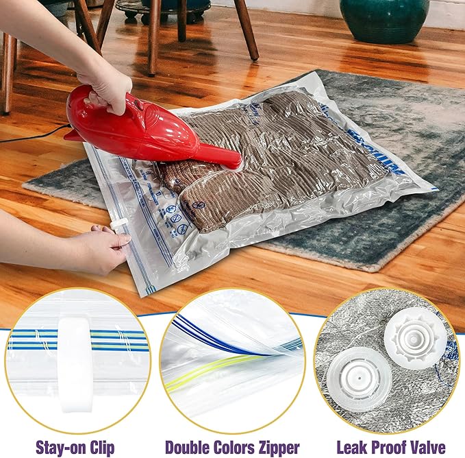 HIBAG Vacuum Storage Bags, 10-Pack Vacuum Seal Bags for Clothing Clothes, Space Saver Bags (2 Jumbo, 2 Large, 2 Medium, 2 Small, 2 Roll-up) with Pump (10-Combo)-NeatNest