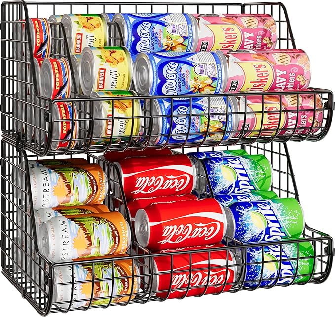 2-Tier Stackable Can Organizer for Pantry Shelves, 2 Pack Soda Can Organizer with 4 Adjustable Dividers, Kitchen Can Storage Organizer, Wire Drink Organizer, Metal Can Dispenser for Cabinets Shelf-NeatNest