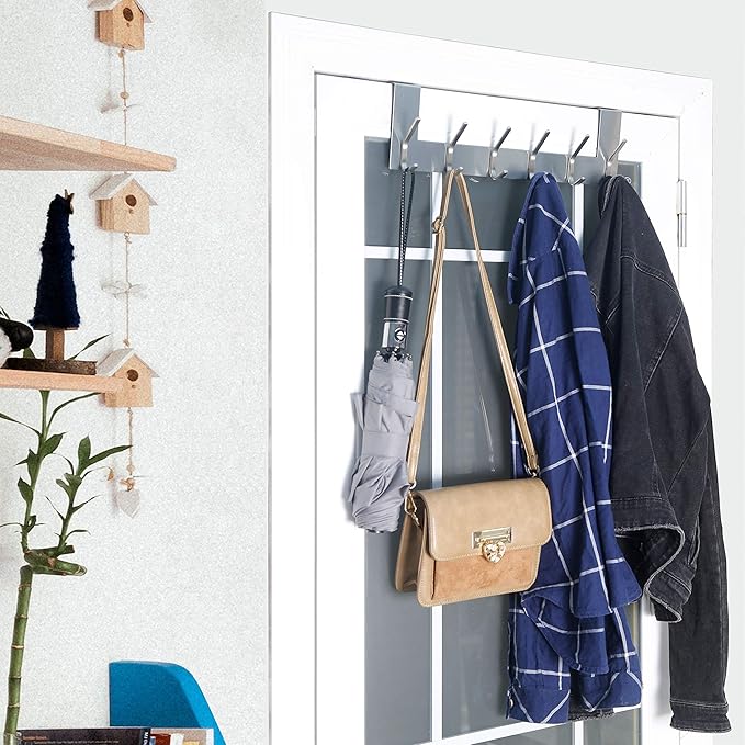WEBI Over The Door Hooks Door Hanger:Over The Door Towel Rack with 6 Hooks for Hanging,Door Coat Hanger Towel Hanger Over Door Coat Rack for Towels,Clothes,Silver,2 Packs