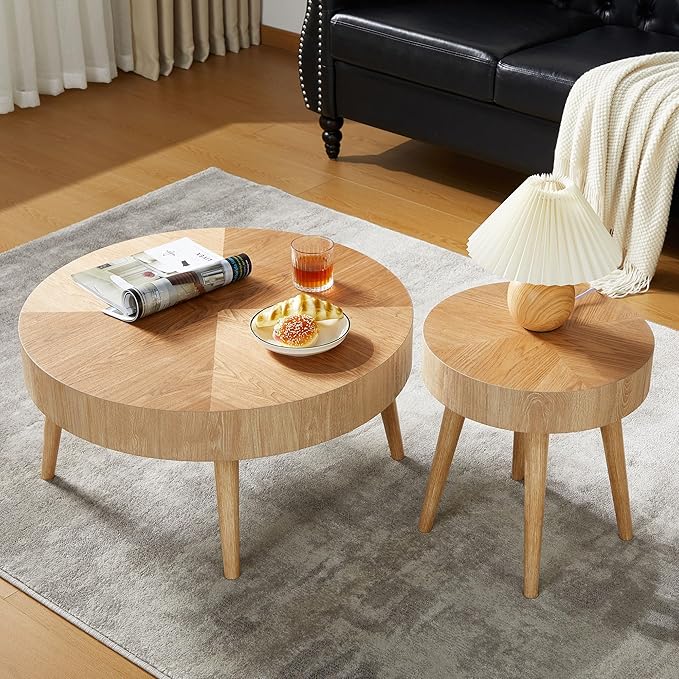 Farmhouse Round Coffee Table Set of 2, Rustic Sofa Side End Tables w/Wood Finish, Nesting End Table Set for Living Room, Bedroom (Natural)