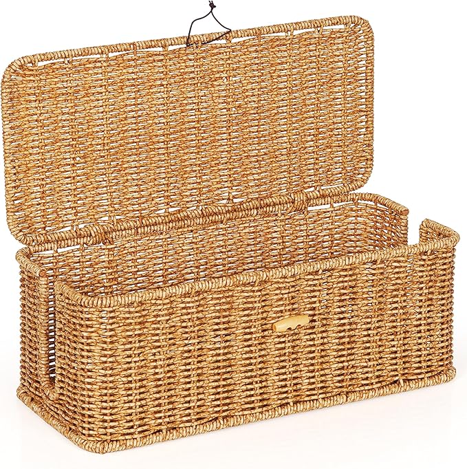 Cable Management Box, Handwoven Faux Rattan Cord Organizer with Lid, 2 Open Slots Cable Organizer Box, Decorative Cord Hider for Tv Computer USB Hub & Power Strip Holder