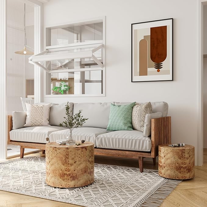 kevinplus Round Nesting Coffee Table, Farmhouse Small Coffee Table Modern Side Table End Table Set of 2 for Living Room Bedroom, No Assembly, Natural Burl