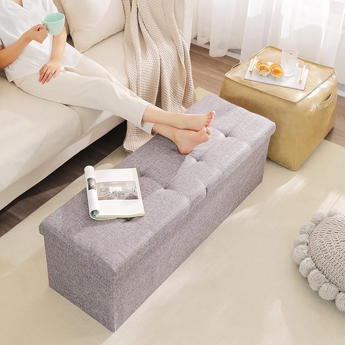 Cuyoca 45.3 Inches Foldable Seat Footrest Shoe Bench End of Bed Storage with Flipping Lid, 166L Upholstered Tufted Bench, Linen Fabric Grey-NeatNest