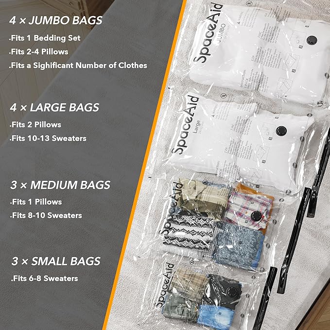 SpaceAid 14 Pack Vacuum Storage Bags with Electric Air Pump, Space Saver Sealer Compression Bags for Comforters, Blankets, Pillows, Bedding, Clothes (4 Jumbo/4 Large/3 Medium/3 Small)-NeatNest