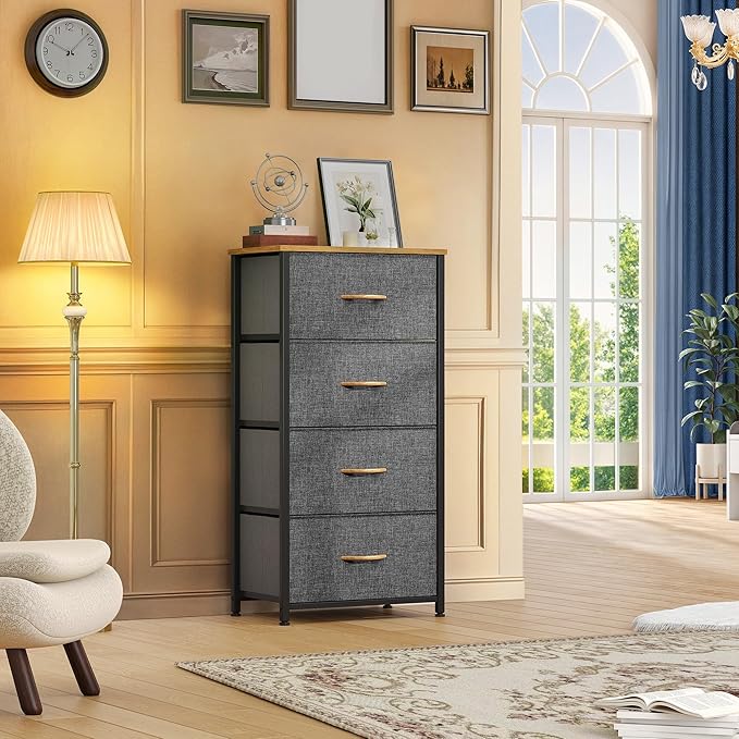 DWVO 4 Drawers Dresser, Dresser for Bedroom, Fabric Storage Tower, Chest of Drawers, Organizer Unit for Closets, Living Room, Sturdy Steel Frame, Wooden Top, Easy Pull Fabric Bins-NeatNest