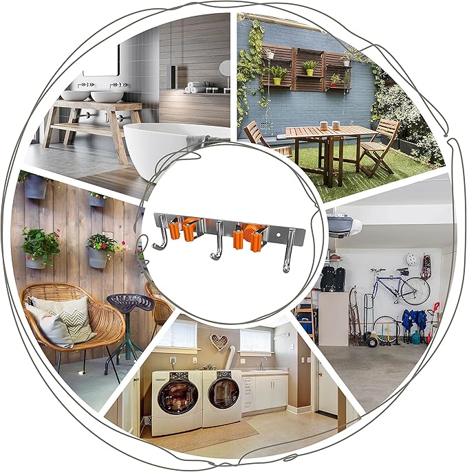 Heavy Duty Broom and Mop Holder Wall Mounted with 2 Rubber Grip Slots & 3 Utility Hooks – SUS304 Stainless Steel, Waterproof, Self Adhesive or Drill Mount, for Garage, Laundry, Kitchen & Closet Use-NeatNest