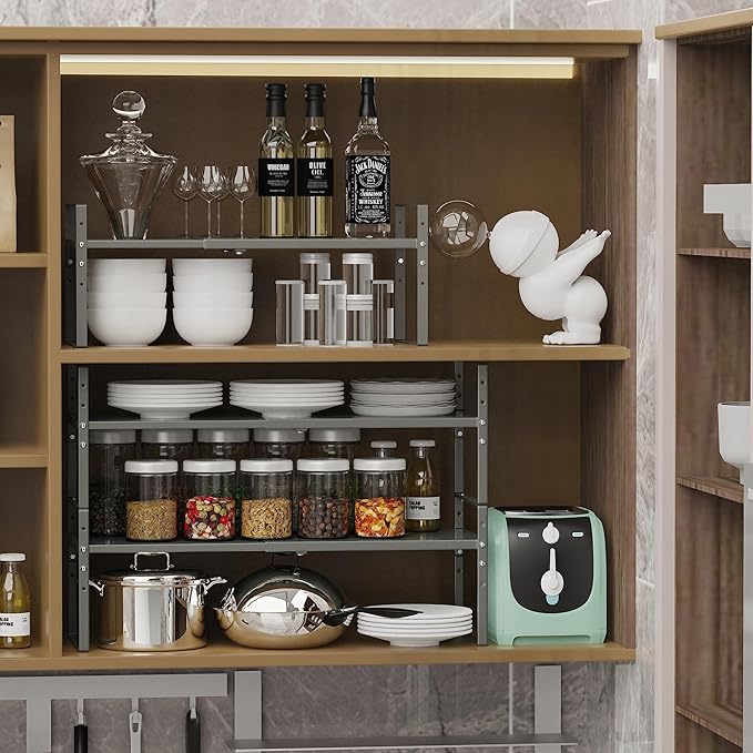 Expandable Stackable Spice Rack Cabinet Shelf Organizer in Cabinets Shelves Kitchen Cupboard Organization Stack up Racks Pantry Countertop Storage (Gray, Large 2 Packs)