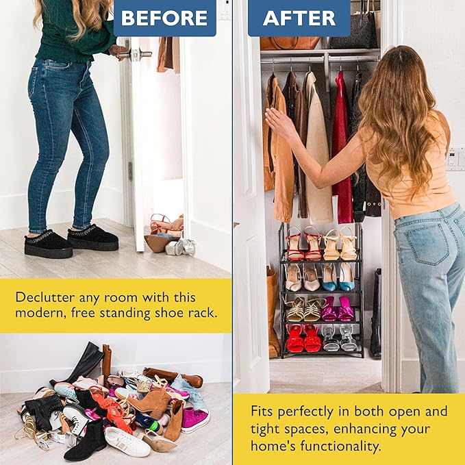 Sundaze Shoe Rack - 4 Tier Shoe Rack for Closet, Sturdy Stackable Shoe Organizer for Closet, Bedroom, Entryway, Garage, Non Woven Fabric Shelf, Black, Holds 8-12 Pairs-NeatNest