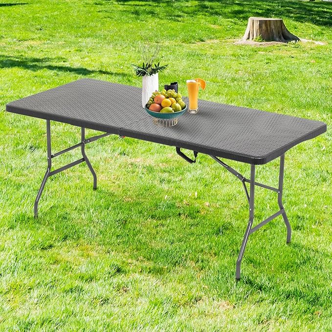 FDW Folding Table Half Portable Foldable Table for Parties Backyard Events (Black Ratten, 6 FT)-NeatNest