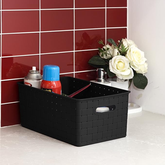 BINO Plastic Basket, Medium - Black, 4 Pack, The Stable Collection, Multi-Use Storage Basket, Rectangular Cabinet Organizer, Home & Office Storage Organizer, Baskets for Bathroom Organizing-NeatNest