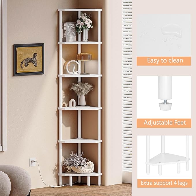 6 Tier Corner Shelf, 66.5'' Tall Standing Shelf, Narrow Display Shelf Stand, Modern Corner Bookshelf, Plant Stand, Corner Bookcase for Living Room, Bedroom, Bathroom, White LCS502W-NeatNest