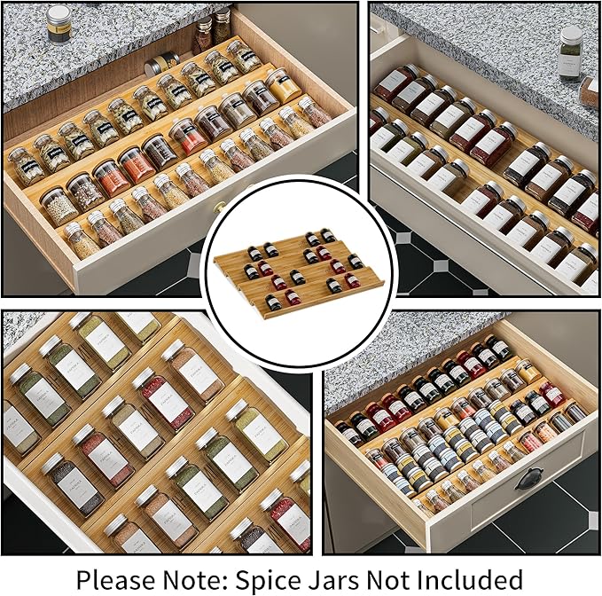 Bamboo Spice Drawer Organizer - 8 Pack 13"x4.7"x1.6" Spice Rack Tray - Spice Jars Drawers Insert - Seasoning Organizer for Drawers/Countertop (Jars not included)…-NeatNest