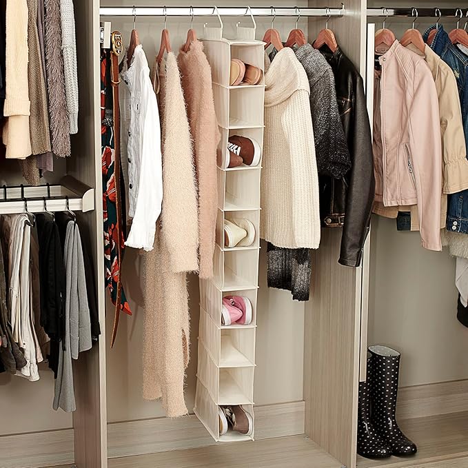 Household Essentials 311322 Hanging Shoe Storage Organizer for Closets |10 Pocket Shelves | Natural Canvas-NeatNest