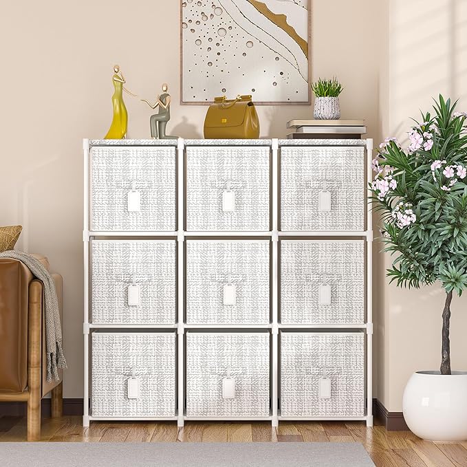 9 Cube Storage Organizer with Printed Drawers, Toy Cubby Storage for Closet, Living Room, Dorm - White-NeatNest