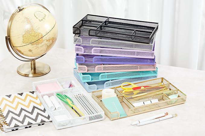 Annova Desk Drawer Organizer Tray for Office Organization - Metal Mesh - Storage Tray with Dividers for Pens, Desktop Accessories, Bathroom, Kitchen, Makeup and Office Supplies (Small, Turquoise)-NeatNest