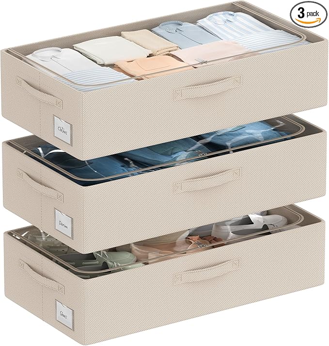 3Pcs Under Bed Storage Bins with Metal Frame - Shoe Organizer for Closet with Clear Cover Oxford Fabric Sturdy Underbed Container Foldable Stackable Clothes Organizer (Beige, 23.5x11.8x6.3)-NeatNest