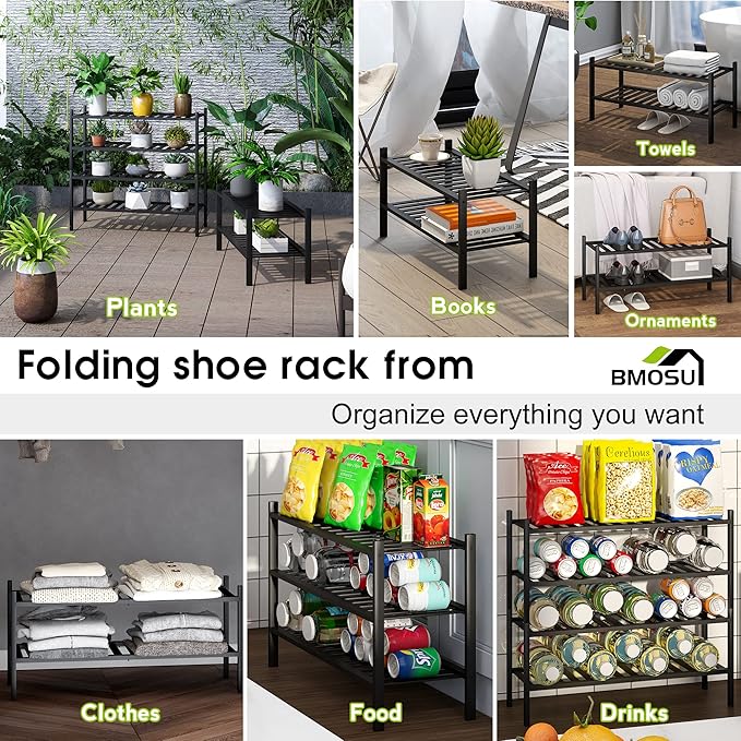 BMOSU 2-Tier Bamboo Shoe Rack Premium Stackable Shoe Shelf Storage Organizer for Hallway Closet Living Room Entryway Organizer (Black Bamboo)-NeatNest