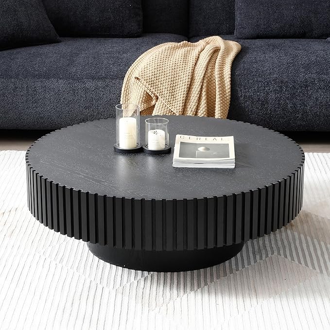 kevinplus 39.37'' Black Round Coffee Table for Living Room, Modern Wood Contemporary Circle Fluted Drum Style, Easy Assembly, Black (ø39.37'' x 13.42'')