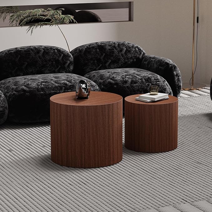 Round Nesting Coffee Table Modern Walnut Fluted Coffee Table Set of 2 Stripe Brown Round Coffee Tables Circle Drum Coffee Tables Side Table Accent End Table for Living Room (Dark Wood)