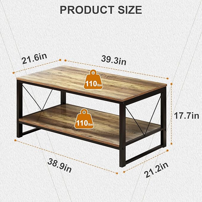 Rectangle Coffee Table Tea Table with Storage Shelf, Farmhouse Wooden Coffe Table for Living Room Table, 40" Rustic Center Table 2-Tier Minimalist Coffee Table Easy Assembly (Natural Wood)-NeatNest