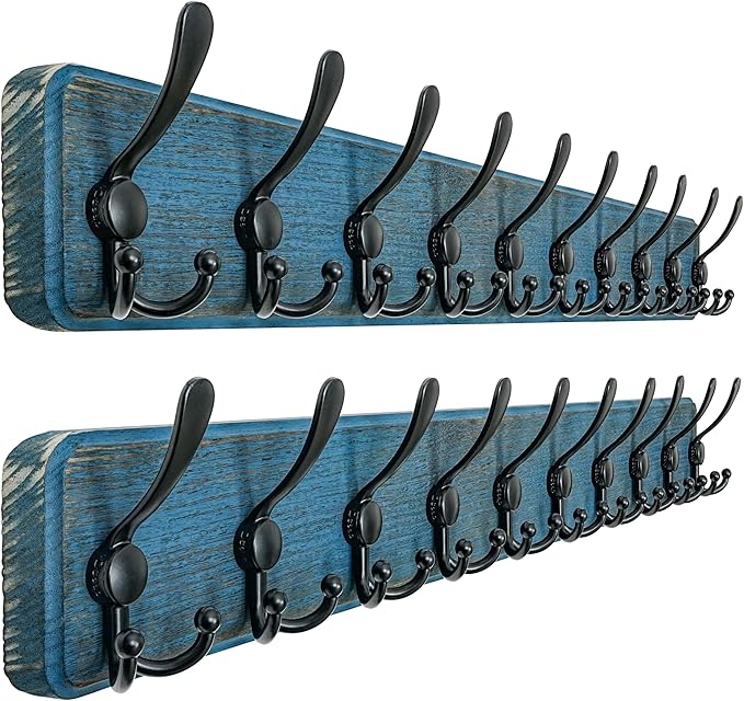 Dseap Coat Rack Wall Mount - 38-1/4" Long, Heavy-Duty, 10-tri-Hooks, Barnwood-Style Wooden Wall Coat Hanger Hook Rail for Winter Coats Hat Jacket Clothing, Weathered Blue & Black, Pack of 2