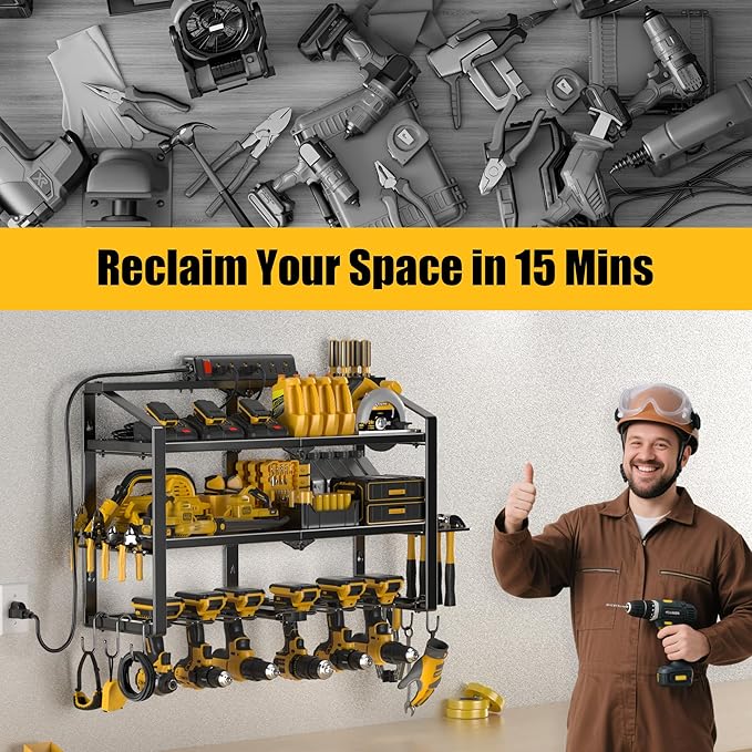 Heavy Duty Power Tool Organizer Wall Mount, 3 Layers Storage Rack with 6 Cordless Drill Holders, Garage Tool Organizer Storage for Workshop Shed, Charging Station Shelf, Father/Men Gifts