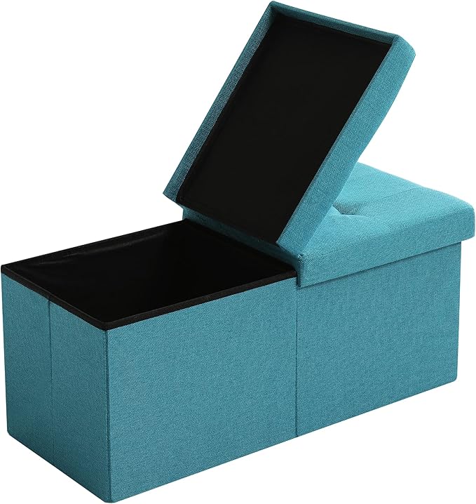 CUYOCA Storage Ottoman Bench Foldable Seat Footrest Shoe Bench End of Bed Storage with Flipping Lid, 75L Storage Space, 30 inches Linen Fabric Teal Blue-NeatNest
