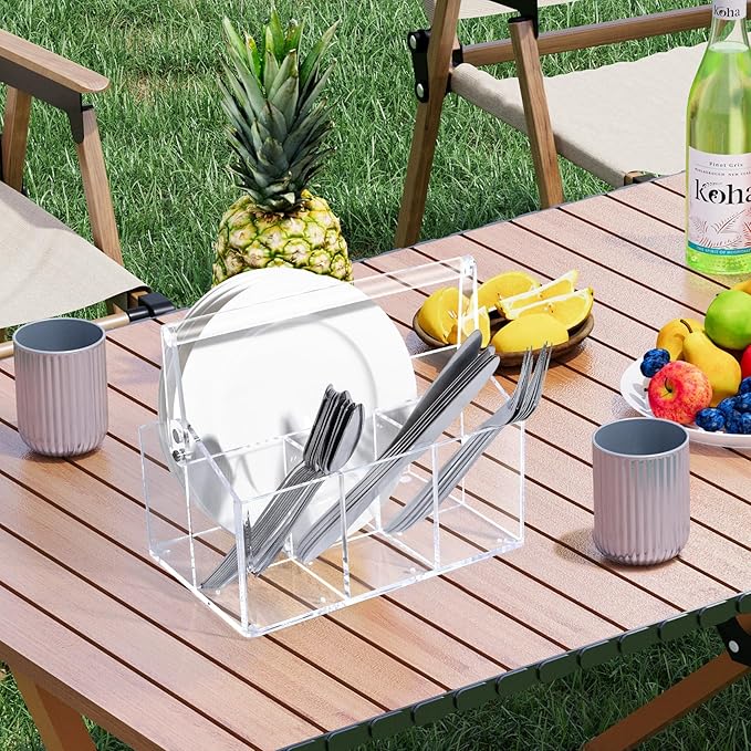 Acrylic Utensil Holder - Silverware Organizer for Kitchen, Table, Indoor Outdoor Use Space-Saving, For Buffet, Picnic Party
