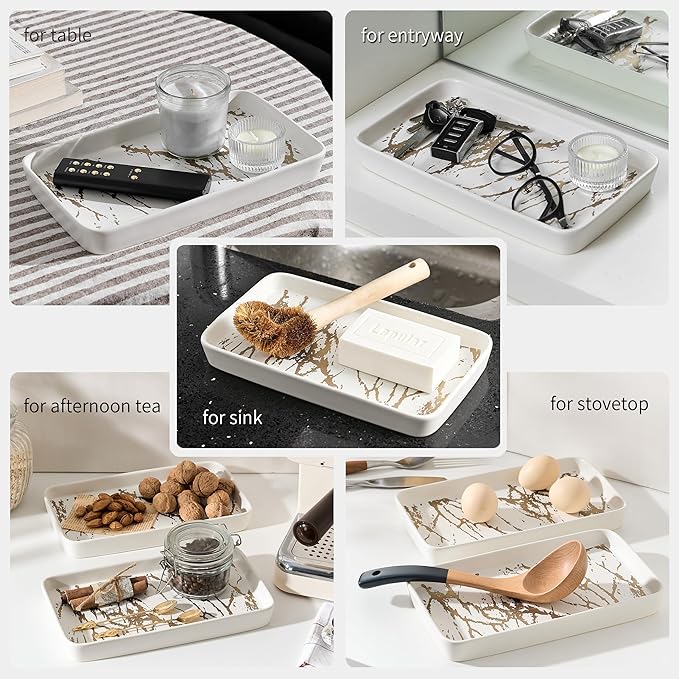Bathroom Vanity Tray for Countertop,2PC Rectangle Marble Tray Set,Decorative Bathroom Organizer for Scrubber, Lotion Bottles, Perfume, Jewelry, Candle, Key Trinket Ring(Large,White)-NeatNest