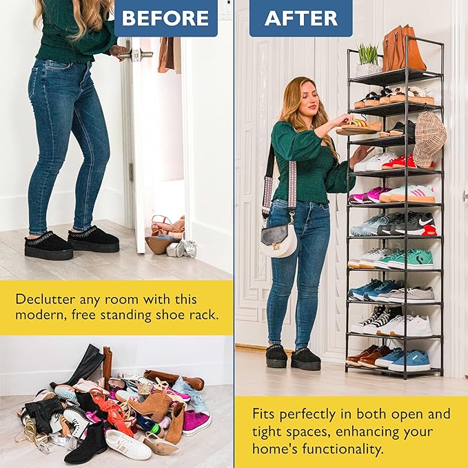 Sundaze Shoe Rack - 10 Tier Tall Shoe Rack for Closet, Sturdy Stackable Shoe Organizer for Closet, Bedroom, Entryway, Garage, Non Woven Fabric Shelf, Black, Holds 20-30 Pairs-NeatNest