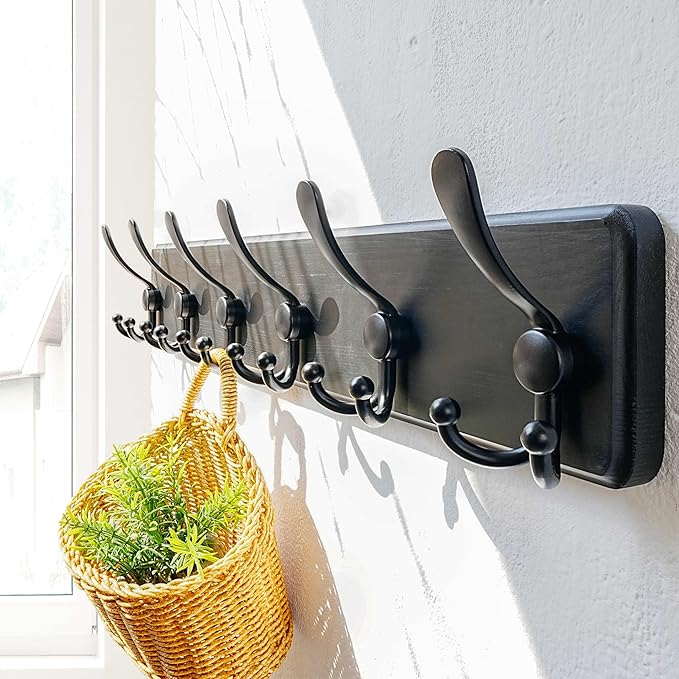 Dseap Coat Rack Wall Mounted - 24" Long 6 Tri Hooks, Heavy Duty Wooden Wall Coat Hanger Coat Hook for Clothes Hat Jacket Clothing, Black