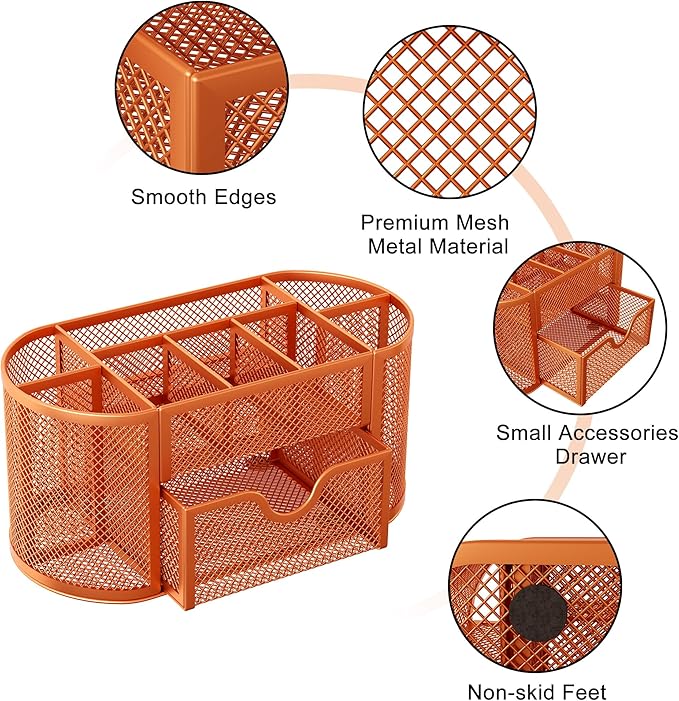 EasyPAG Mesh Desk Organizer, Multi-functional Stationery Organizer for School Supplies, Office Pen Holder for Desk, 9 Compartments Dorm Organization with Drawer, Orange