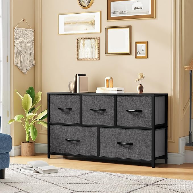 DWVO Dresser with 5 Drawers - Fabric Storage Tower, Black Dresser & Chest of Drawers, Organizer Unit for Bedroom-NeatNest