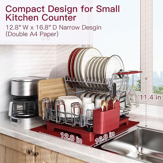 BOOSINY 2 Tier Red Large Stainless Steel Dish Drainers Drying Rack for Kitchen Counter with Drainboard, Rust Proof Metal, Space Saving, Modern Aesthetic, Compact Plates Strainers with Extra Mat-NeatNest
