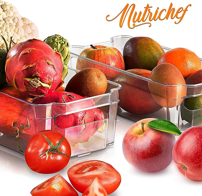 NutriChef Set of 8 Refrigerator Bins-4 Wide and 4 Narrow Stackable Fridge Organizers for Freezer, Kitchen, Countertops, Cabinets-Designed with Practical Carry Handles and Interior, 8 containers, Clear