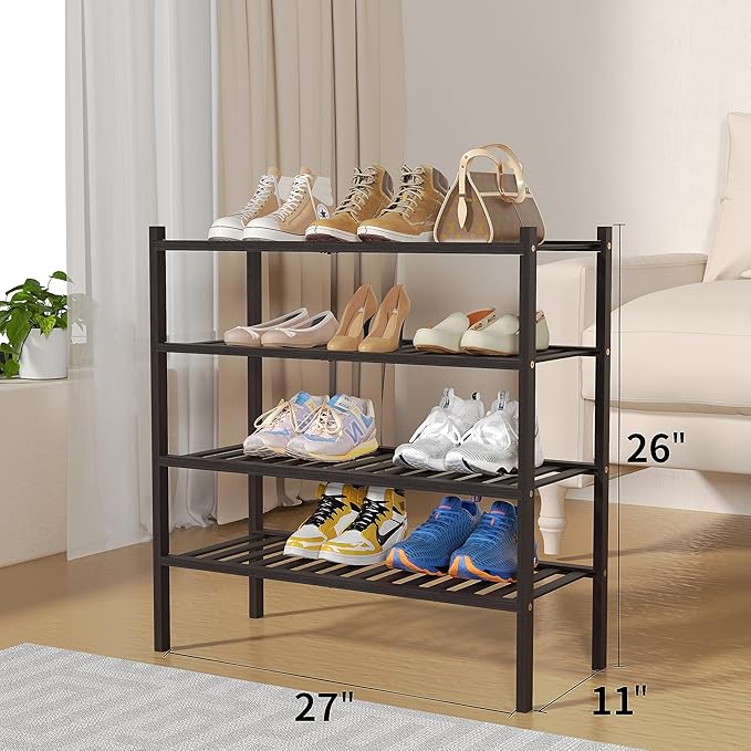 4 Tier Bamboo Shoe Rack for Closet Free Standing Wood Shoe Shelf for Entryway Small Space Stackable 27"x11"x26" (Brown)-NeatNest