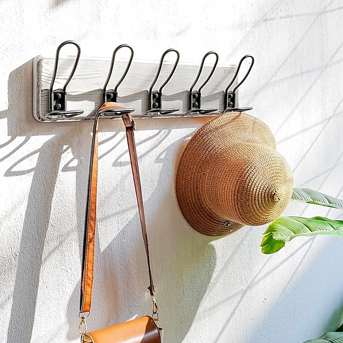 Dseap Coat Rack Wall Mounted - Heavy Duty Farmhouse Rustic Wall Coat Hanger With 5 Wire Hooks for Clothes Hat Jacket Towel, RusticWire, G25A, Whitewash & Black-NeatNest