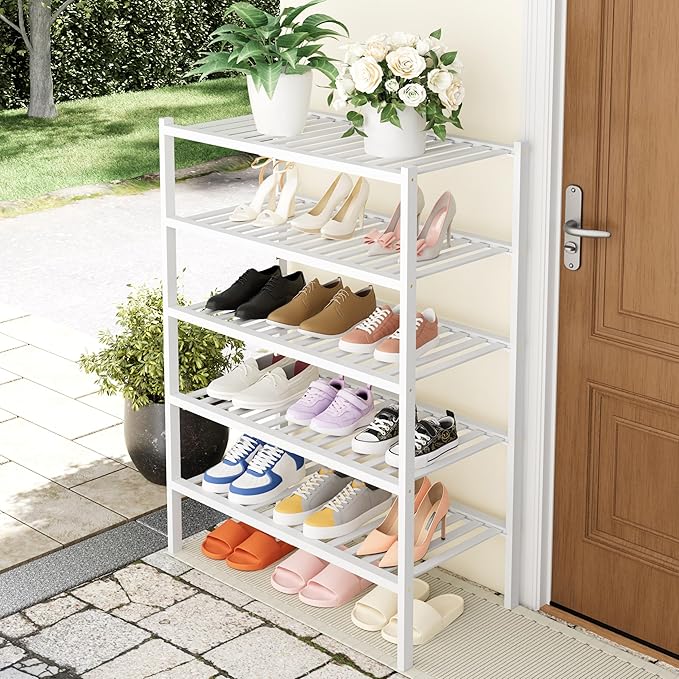 Smiry Shoe Rack, 5 Tier Thick Bamboo Shoe Organizer, Stackable Free Standing Wooden Shoe Storage Shelf for Closet, Entryway, Front Door Entrance, White-NeatNest